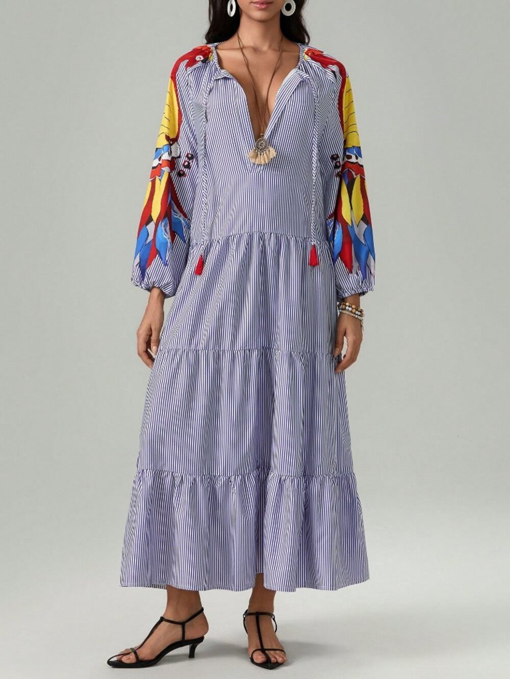 Blue Casual Women's Boho Floral Puff Sleeve Maxi Dress - Picture 7 of 10